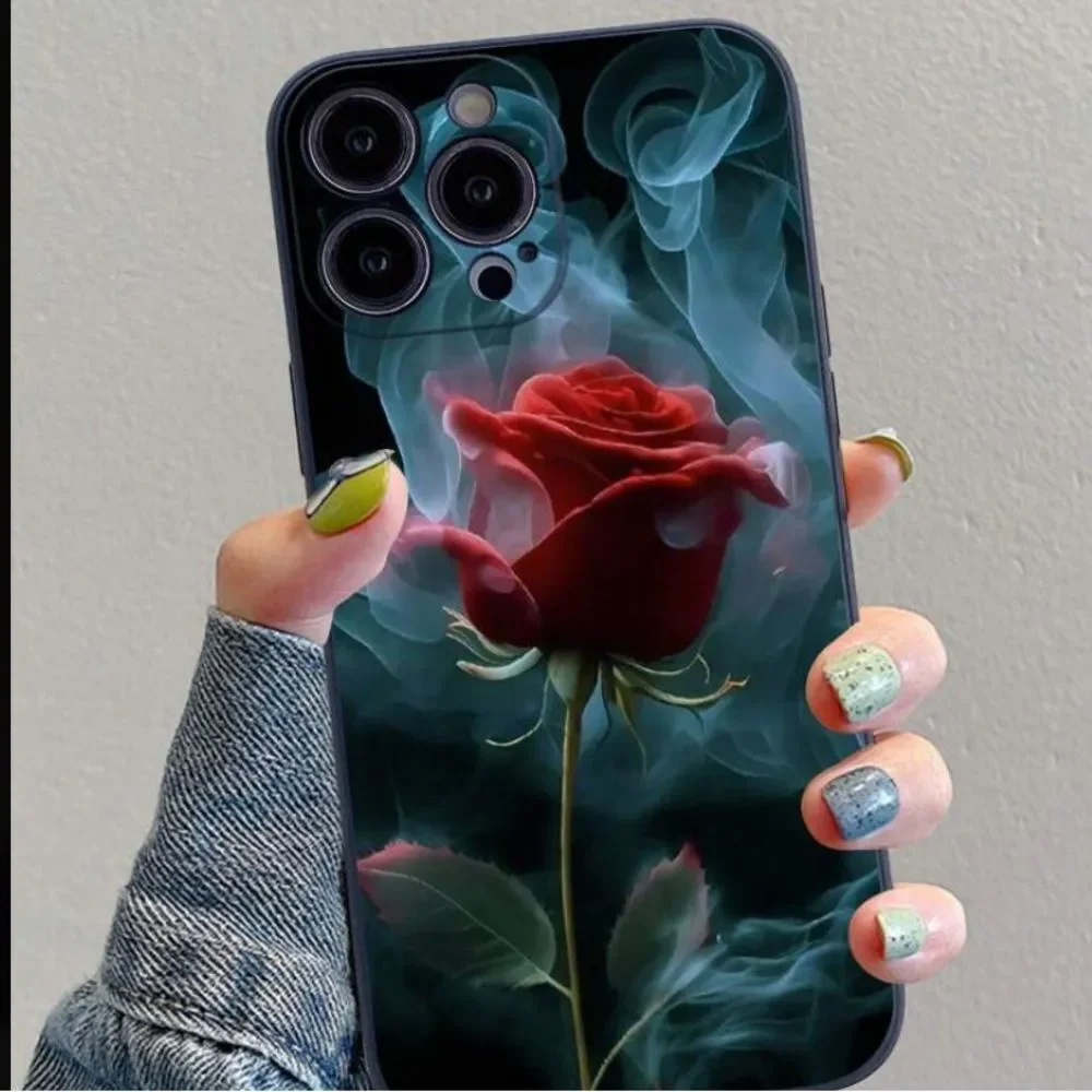 3for$20 1pc Black Design Anti-Drop Colorful Painting Rose Phone Case 15 pro max